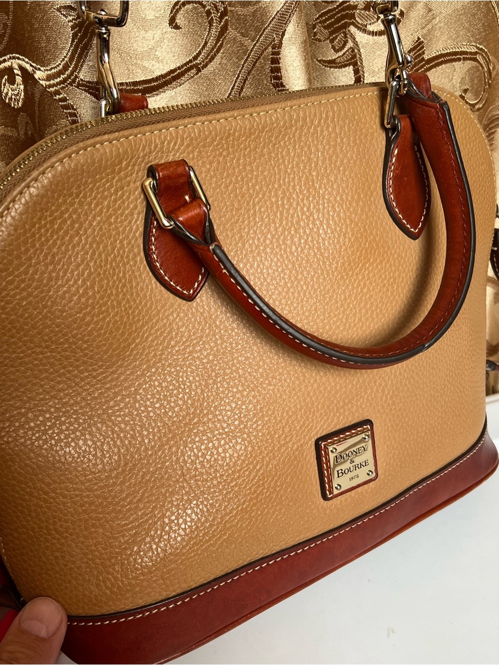 Dooney & Bourke Tan Pebble Leather Satchel crossbody with Brown Trim long strap - Picture 4 of 16